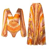 HFYRBDKSPI Damski kostium kąpielowy z długim rękawem Flowy Maxi Print Jednoczęściowy strój kąpielowy z zestawem spódnic Beach Cover Up,Orange,L