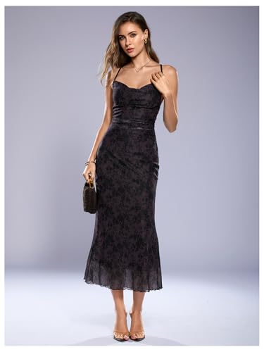 Image of SOLY HUX Women's Floral Mesh Bodycon Cami Dress Cowl Neck Sleeveless Cocktail Party Wedding Guest Long Maxi Dresses