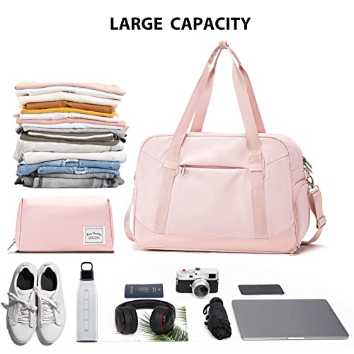Long Vacation Women's Travel Duffel Bag With Toiletry Bag, Sports Gym Bag Weekendeer Carry-On Tote With Shoe Compartment And Wet Pocket, School Yoga Bag Fit 15.6Inch Laptop (Pink, 18-Inch) #TOP1