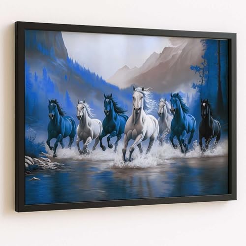 Image of HOTHOUSE Seven Running Vastu Lucky Horse and Rising Sun Painting | 7 Horses Vastu Frame Wall Art Painting for Living Room Bedroom Office Home Decor Wall Decor Size (13X17 inch)