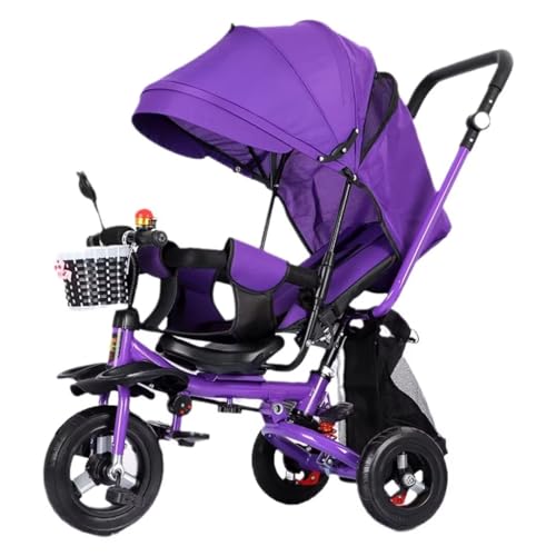 Children's Tricycle for sit and Lie Down,Multifunctional Toddler Stroller Buggies for Age 1-5,Parent Push Trike Trolley with Removable Canopy and Push Handle,Swivel seat with guardrail (purple rubber
