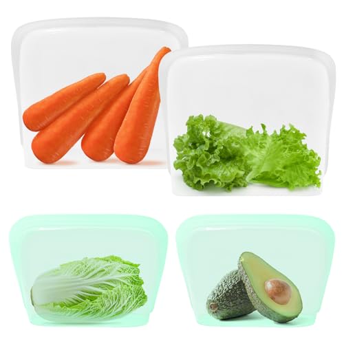 Image of KVK Extra Large Pure Silicone Bags 128fl oz - LFGB Certified Reusable Food Storage Bag - Stand up Gallon Bags for Cook Store Sous Vide - Oven & Dishwasher Safe 44oz&128oz 4 Pack Clear&Green