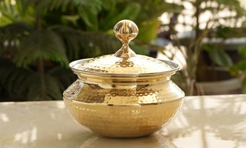 Image of INDIAN ART VILLA Brass Handi for Cooking with Tin Lining Inside, Degchi /Sipri, Ideal for Biryani, Cooking & Serving, Brass Utensil, Volume - 2000 ml