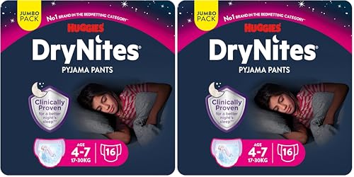 Huggies DryNites Pañales de Noche para Niña 4-7 (17-30 kg), Clínicamente Probado con 5 Capas de Máxima Protección Nocturna, 16 Bragas Absorbentes (Paquete de 2)