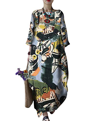 Celmia Women's 3/4 Sleeve Round Neck Loose Long Maxi Dress Cotton Gown with Pockets Abstract Print Green-d X-Large