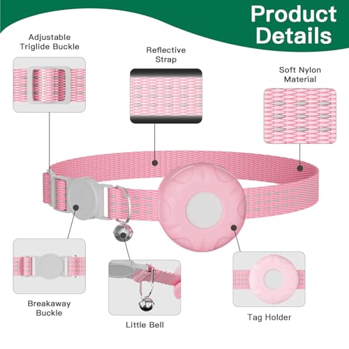 Image of Cat Tracker, GPS Tracker Compatible with Apple Find My App(Only iOS), Waterproof Cat Tracker Collar with Bell and Safety Elastic Buckle, No Monthly Fee, Pet Trackers for Vehicles, Pets, Kids (Pink)