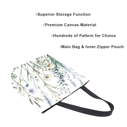 Extra Large Shoulder Tote Bag for Beach Travel Weekender Gym Watercolor Wildflowers Green Leaves Plants Reusable Grocery Canvas Shopping Bag4