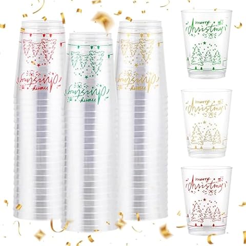 U-QE 10 oz Merry Christmas Party Cups (60 count) - Christmas Decorations Cups - Christmas Disposable Clear Plastic Cups for Christmas Party Decoration - Party Supply Drinkwear for Beer/Beverage/Snacks Cover