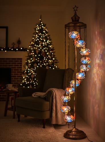 DEMMEX 11 Globe Turkish Moroccan Mosaic Floor Lamp – 210 cm Tall Tiffany Style Standing Boho Lamp for Living Room, Bedroom & Entryway – Handmade in Turkey, Multi-Mix