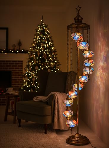 DEMMEX Lámpara de pie turca de 11 globos, 7 pies de alto, lámpara de pie de mosaico marroquí turco, lámpara de pie estilo Tiffany para dormitorio y sala de estar, iluminación decorativa hecha a mano