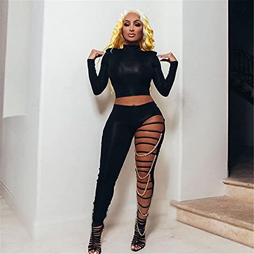 Vohawsa Women's Cutout Ripped Yoga Pants High Waisted Workout Running Leggings Stretchy Athletic Skinny Pants With Chain (Small, S) Black #TOP1