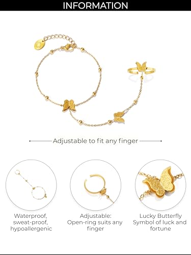 18K Gold PVD Coated Stainless Steel Butterfly Hand Chain Bracelet Ring Set, Adjustable 7
