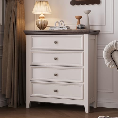 BOSHIRO Antique White Dresser for Bedroom 4 Drawers Dresser,4 Chest of Drawers Storage Cabinet for Living Room,Filing Cabinet for Home Office