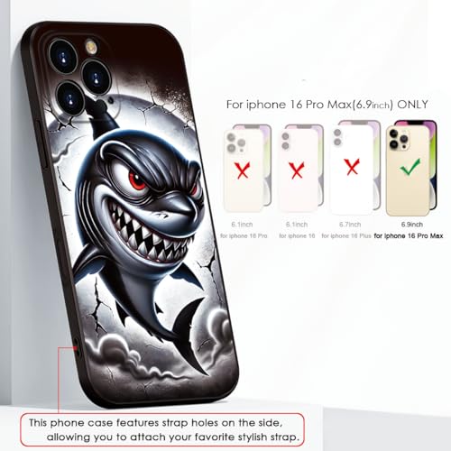 Printed Shark Pattern for iPhone 16 pro max Case, Printed Fierce Red-Eyed Shark Cartoon Silicone Soft Shockproof case,for Girls & Women & boy & Men (B1-Cartoon Shark-Cool)