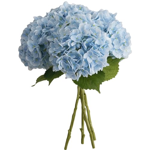 AELFFCES 19 Inch Real Touch 4pcs Blue Hydrangea Artificial Flowers Full Big Latex Texture Realistic Faux Hydrangeas Flowers for Tableside Kitchen Office Decor Weddings Party Arrangements (Blue)