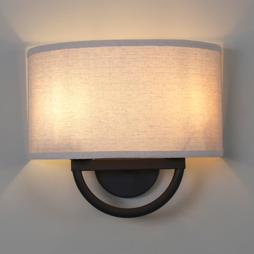 Buyee Vintage Industrial Double Sconce 2-Light Wall Light Fixture Nightstand Lamp with Semicircle Linen Fabric Shade for Bedroom Living Room Dining Room Hallway