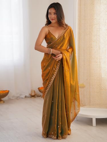 Image of AKHILAM Women's Shimmer Tissue Embroidered Saree With Unstitched Blouse Piece