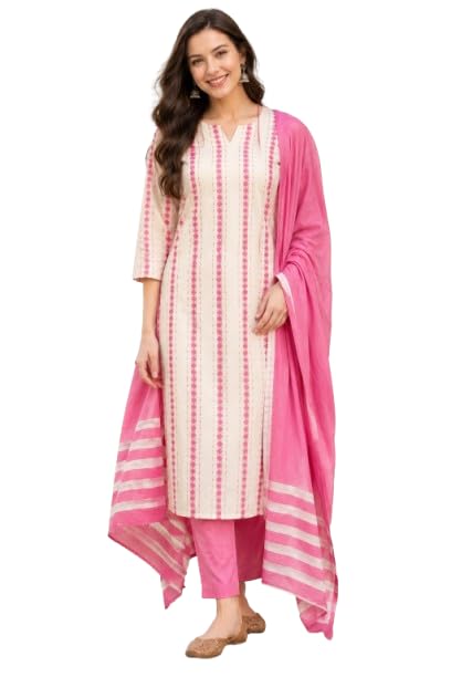 Women's Pure Cotton Woven Stripe Kurta Pant with Dupatta Set-image-7