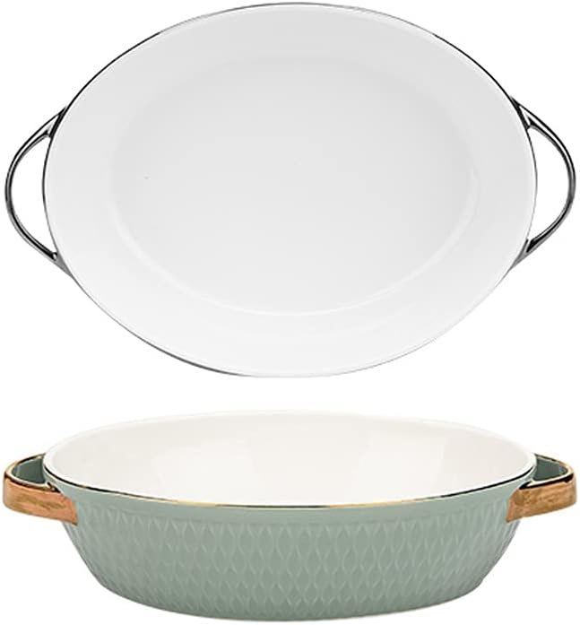 Baking Dish Set of 2 Ceramic Baking Dish Round Dinner Plates, Oven Safe Roasting Grill Pan with Handles Oval Dish, Food Serving Dinner Trays Bakeware (Color : Orange) (Green)