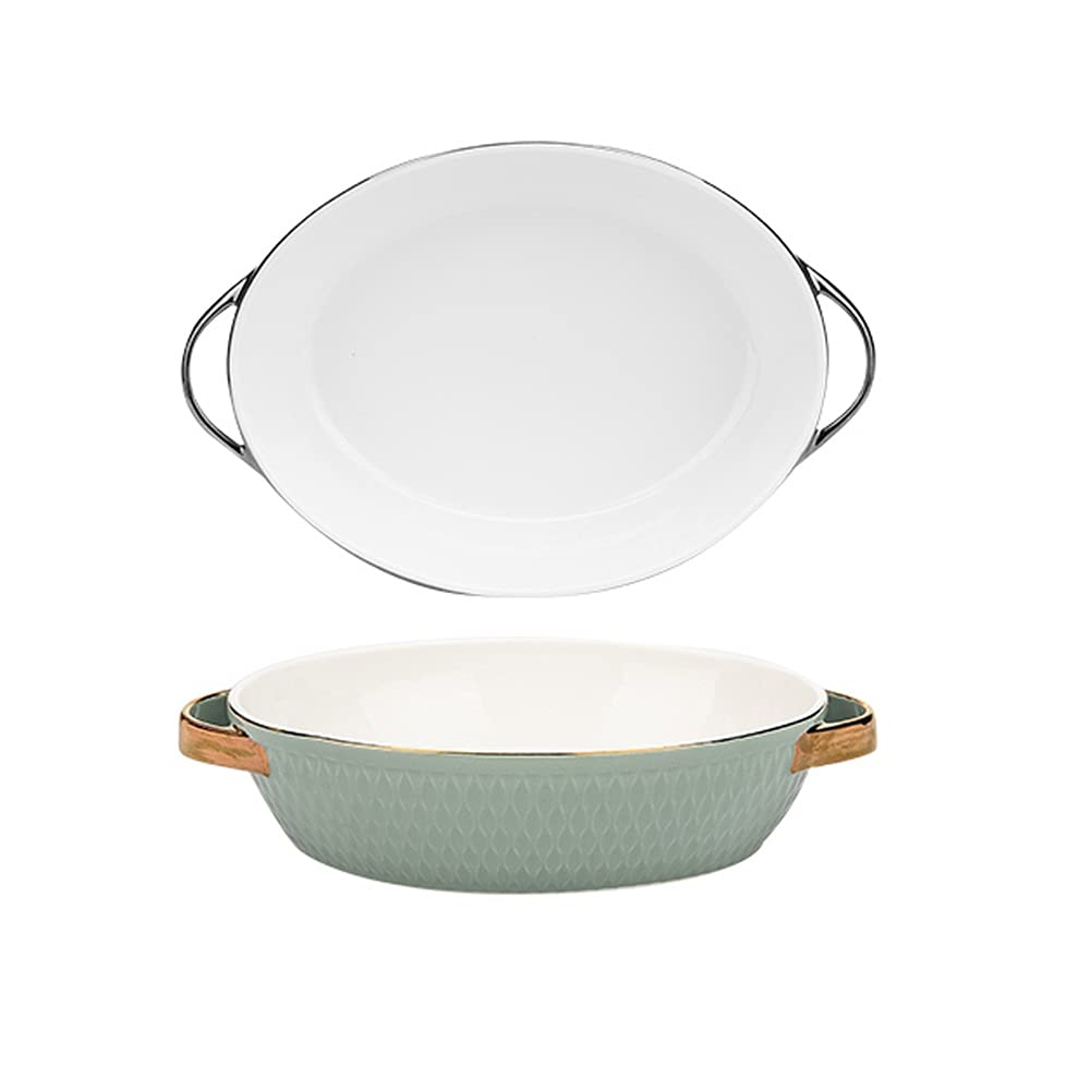 Fuente para Hornear Conjunto de 2 platos for hornear de cerámica Cena redonda de platos, cacerola de asado seguro de horno con asas de plato óvalo, alimentación que sirve las bandejas de la cena Bande