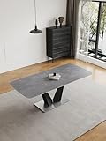 LifoHous 79 ”Modern Dining Table, Seats 6-8, Gray Rectangular Expandable Sintered Stone Dining Table with V-Shaped Carbon Steel Base,for Dining Room (Table)