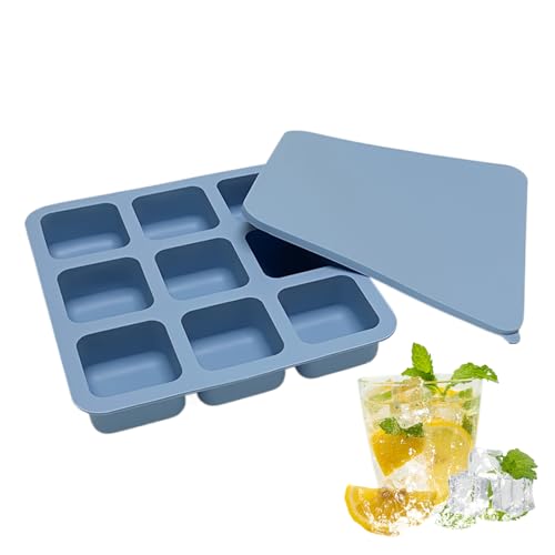 Bvizyelck Bandeja Para Cubitos De Hielo - Con Tapa 9 Cavidades Silicona Reutilizable Utensilios De Cocina | Molde Para Cubitos De Hielo Cuadrados | Para Cócteles Whisky Café Fiestas Bebida Comida Bar