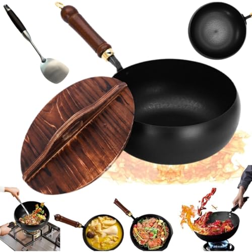 Uncoated Thick Iron Pot,9.4' Handmade Hammered Large Belly Pot with Wooden Lid/Glass Cover,Hand-Forged Non-Stick Pan,Triple Stainless Steel,Multi - Purpose for Baking, Cooking, Stewing (Wooden Lid)