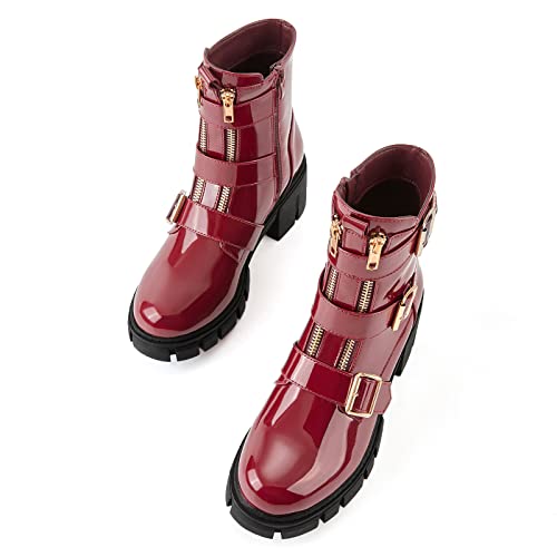 Tinstree Women Mid Calf Boots Low Heel,Leather Riding Motorcycle Boots Waterproof Pu Solid Color Buckle Decor Platform Chunky Heel Chelsea Boots Lace Up Wine Red,06 #TOP4