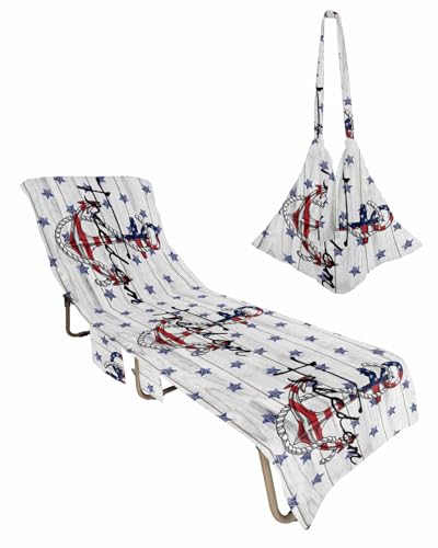 4th of July Beach Chair Towel Covers for Chaise Lounge with Side Pocket, Soft Plush Pool Towels Cover for Patio Sunbathing Outdoor 29''x85'' Nautical Anchor Red Blue Stars Wood Grain