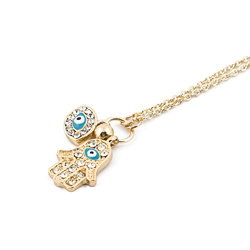 MCSAYS Fashion Hip Hop Islamic Accessories 18k Gold Palted Stainless Steel Ice Out Necklace with Crystal Hand of Fatima Turkish Blue Eye Evil Eye Pendant Cuban Chain Unisex