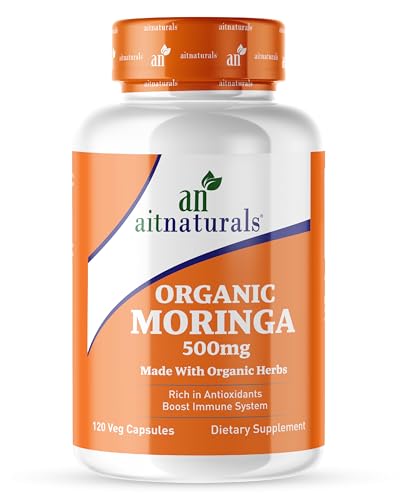 Aitnaturals Organic Moringa - 500 mg (120 Capsules) Rich Antioxidant formula Support Joint & Bone Health Boost Immunity & Digestion Promote Better Sleep Eye Skin & Hair Health Mobility | Non-GMO