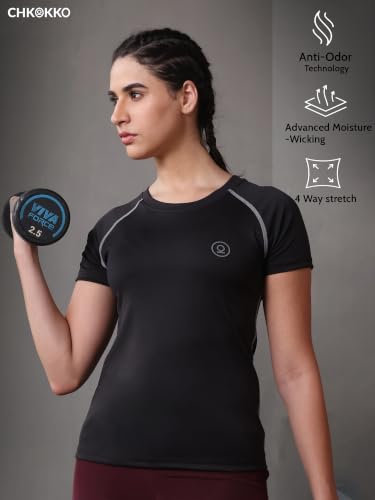 Image of CHKOKKO Women's Compression Gym T-Shirt for Running, Workout, Training, Sports & Activewear | Quick Dry Breathable Stretch Fabric | Body Fit Half Sleeve Athletic Sports Tee for Women
