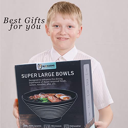 Njcharms Ceramic Japanese Ramen Noodle Soup Bowl, 2 Sets (6 Piece) 42 Ounce, With Matching Spoon And Chopsticks For Udon Soba Pho Asian Noodles (8 Inch, Beige) #TOP6