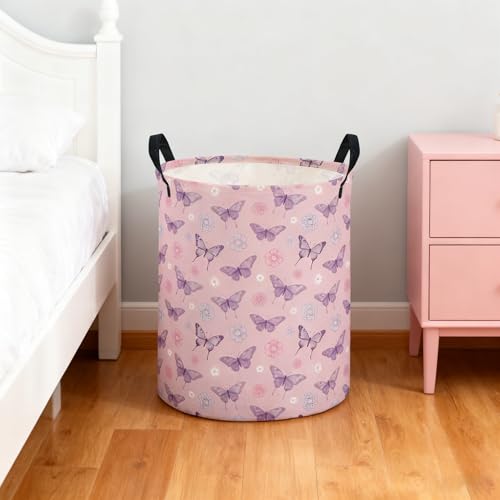 Image of ESSME Kids Laundry Basket,Butterfly Hamper Collapsible Canvas Waterproof Storage Bin for Boys, Cute Hamper,Gift Baskets(Pink butterfly)
