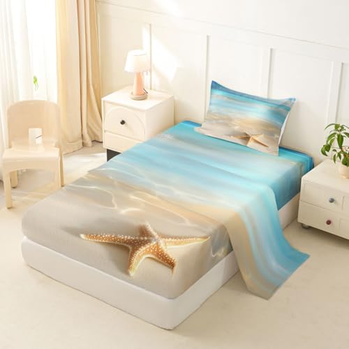 Image of jejeloiu Beach Scenery Bed Sheets Set Twin Size Ocean Bed Set Coastal Nautical Deep Pocket Fitted Sheet Starfish Seashell Conch Breathable Soft Lightweight Microfiber