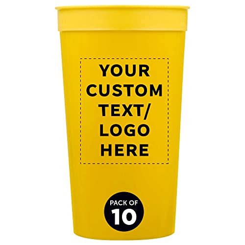 Custom Plastic Stadium Cups 32 oz. Set of 10, Personalized Bulk Pack - Perfect for Summer, Sporting Events, Birthdays, Picnic, Beach, Parties - Yellow