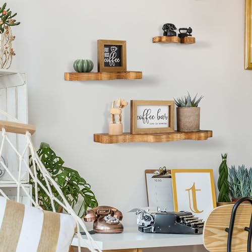 Suzile Set of 3 Small Rustic Wave Edge Floating Shelf 3 Size Live Edge Wooden Shelf with Metal Bracket Wall Mounted Display Ledge Shelves Farmhouse Vintage Wall Decor for Living Room Bedroom (Brown) - Image 5