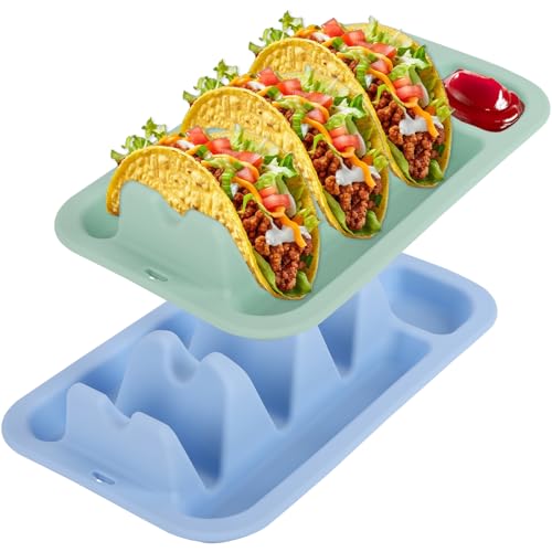 Klyrnd Silicone Taco Holder Set of 2, Reusable Taco Plate with Dividers for Hard & Soft Shells - Microwave & Dishwasher Safe Serving Stand (Blue Green)