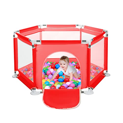 Yorking Baby Playpen Six-Plate Playpen Large Activity Playpen 6 Sides with Round Zipper Door Play Pen for Toddlers Playpen Baby Red (Without Ocean Ball)
