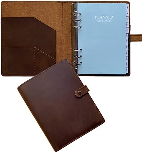2023-2024 Academic Planner - A5 Genuine Leather Binder Planner for Men and Women, Inner Pockets and Pen Holder, Refillable, 7"x9"