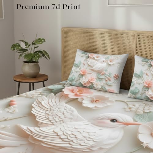Image of 7D Fairy Tale Bird Collection Double Bedsheet 90x100 inch with 2 Pillow Covers | Good Stitching, Soft Fabric & Vibrant 7D Digital Print for Kids & Couples (Cream)