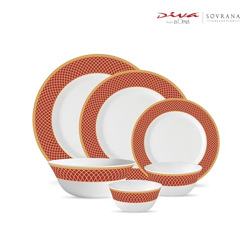 Image of La Opala Diva Sovrana Collection Opal Glass Crockery | for Family of 6 | Dinner Set 27 pcs Regent Red | Plates & Bowls for Dining | Microwave Safe | 100% Vegetarian | Extra Strong | Light & White