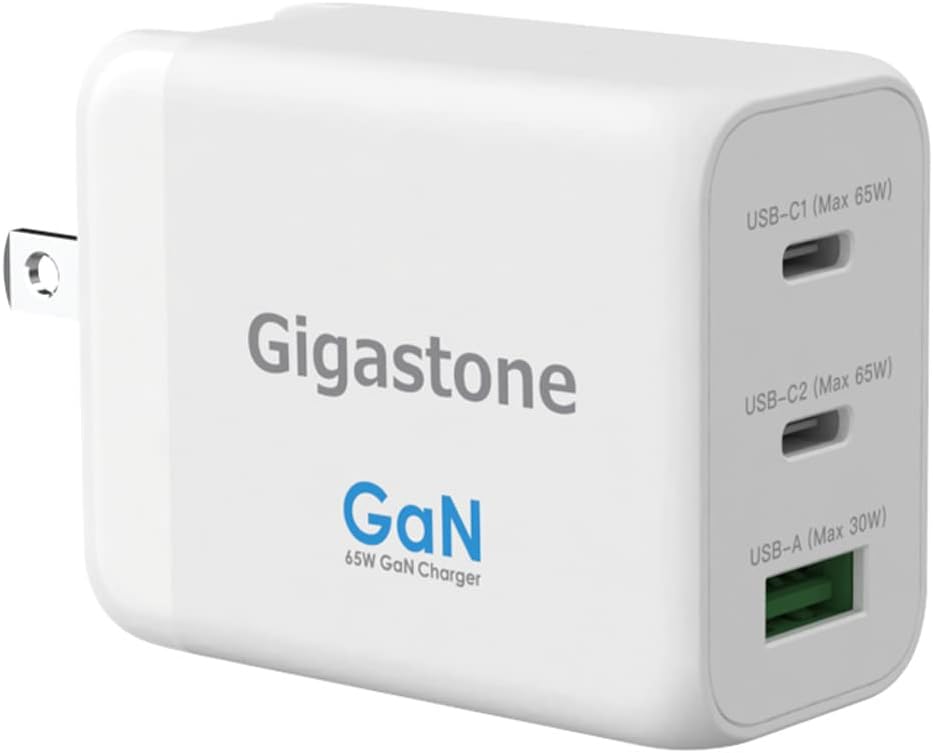 【Advanced GaN Technology】Gigastone GaN Charger 65W USB C Charger 3-Port, 1 USB-A + 2 Type-C Charger, Fast Charger Compact Foldable for iPhone, iPad Pro, Android, MacBook Pro, Nintendo Switch, Laptops