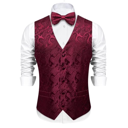 Image of DiBanGu Mens Paisley Suit Waistcoat,Silk Dress Vest and Bowtie Pocket Square Cufflinks with Lapel Pin Set for Wedding Tuxedo