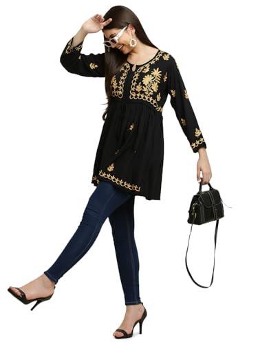 Image of FAWOMENT Women's Ethnic Modish Rayon Short Top with Fine Lucknow Chikankari Aari Embroiderey