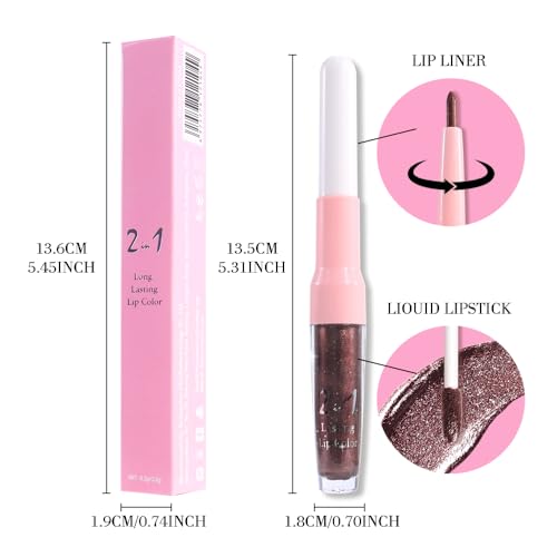 Image of evpct Dark Brown Metallic Glitter Lip Liner and Lipstick Combo Lip Gloss Stain Set Makeup for Women Long Lasting Waterproof 24, Chocolate Metallic Shimmer Frosted Iridescent Shiny Liquid Lipstick 11