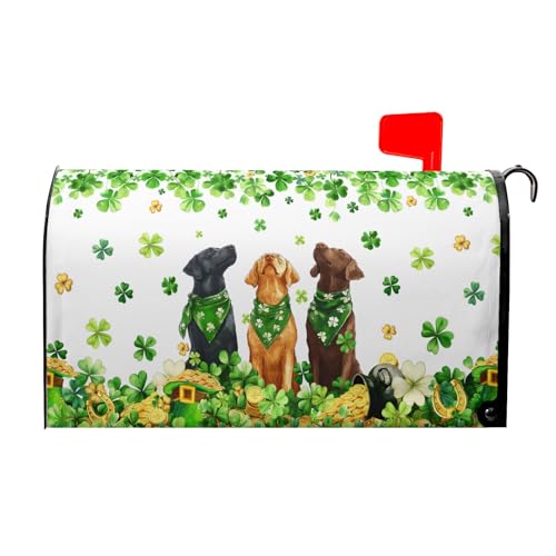 Image of St. Patricks Day Mailbox Cover Magnetic, 21 inchx18 inch Patrick Dog Lucky Clover Elf Hat Mailbox Wrap, Spring Shamrocks Standard Size Waterproof Letter Post Cover for Garden Yard Outdoor Decor