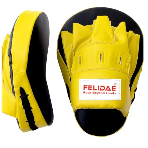 Image of FELIDAE Focus Pads for Boxing & MMA Training | Curved Punch Mitts for Kickboxing, Muay Thai & Martial Arts | Durable PU Leather Hand Target Pads for Punch Accuracy & Speed | Red Black (Yellow /Black)