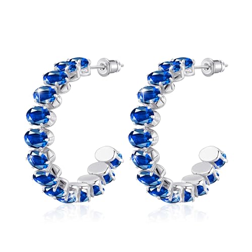 Linawe Pendientes de aro de plata con zafiro azul, pendientes de aro de acero inoxidable, pendientes grandes, joyas de moda, pendientes colgantes, pendientes hipoalergénicos con piedra