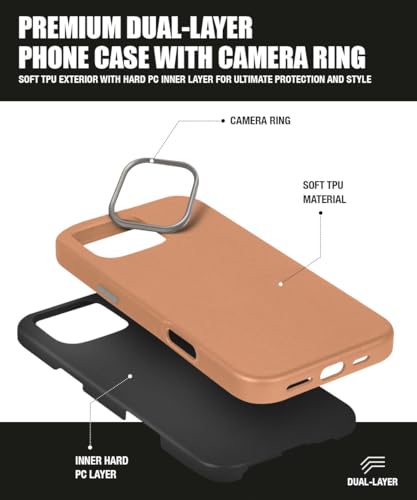Image of WOW IMAGINE Back Cover for iPhone 17 Pro Max | Shockproof Tough Leather Texture Hard Mobile Case | Ultra Slim Non-Slip Grip | Inner Velvet Fabric | Metal Camera Ring - Tan Brown